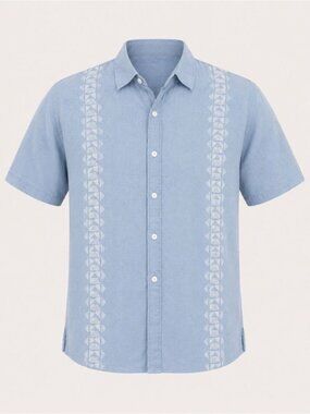 Amiani Linen Camp Shirt Blue Medium Resort Cuban Guayabera Vacation